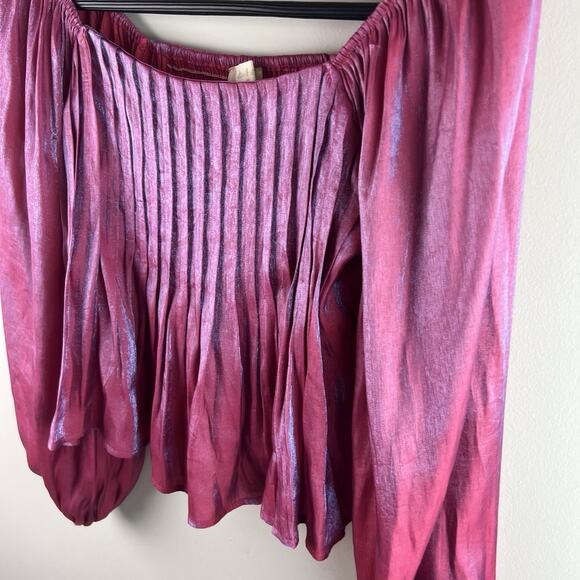 Altard State Top M Crop Balloon Sleeve Square Neck Smocked Iridescent Pink - Picture 5 of 8